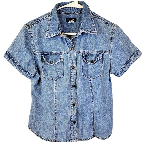 Guess Jeans Vintage 90s Denim Shirt Women Large 12 Short Sleeve Button Collar L - Picture 8 of 15